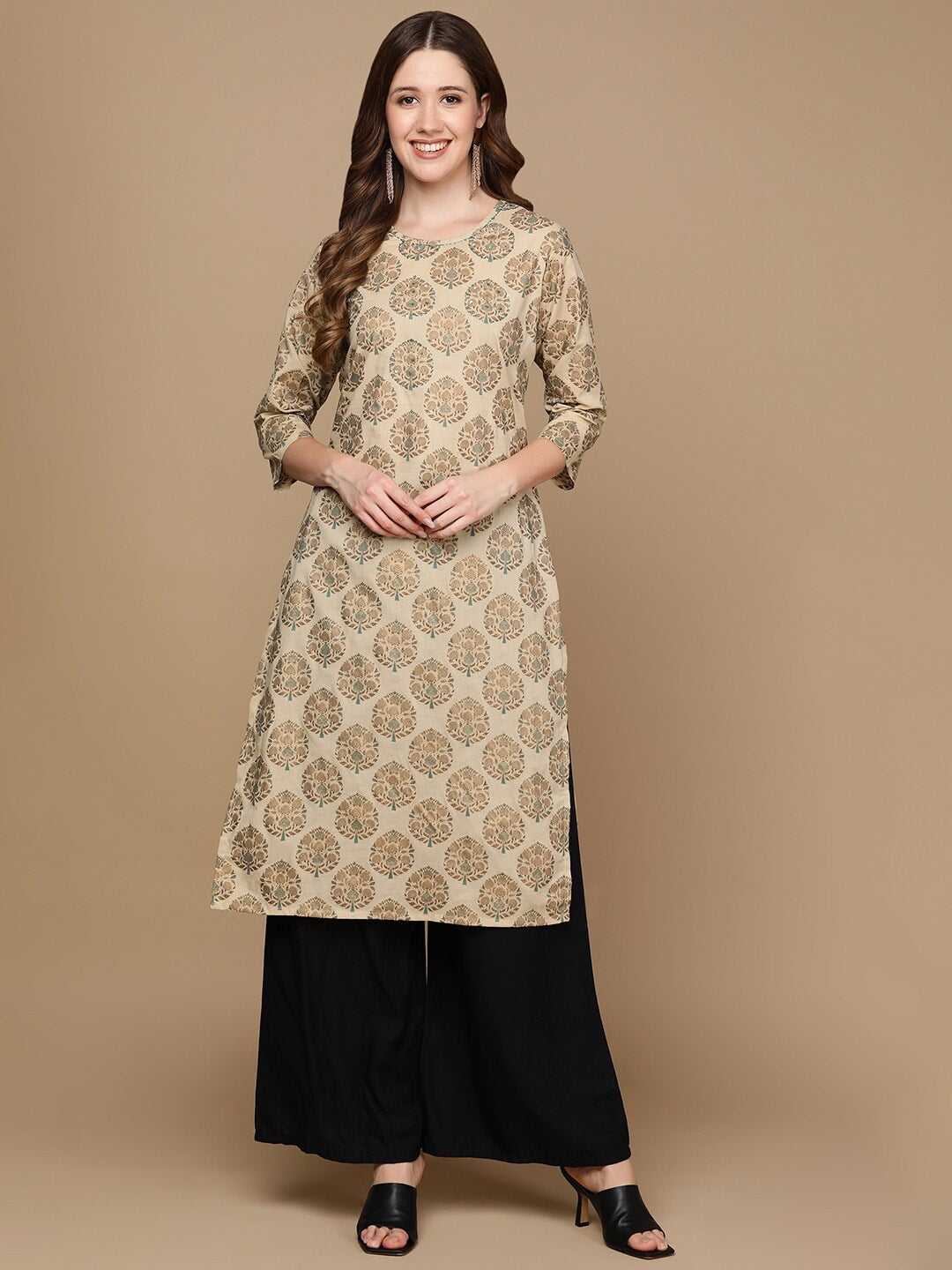 HERE&NOW Beige & Brown Ethnic Motifs Embroidered Pure Cotton Straight Kurta