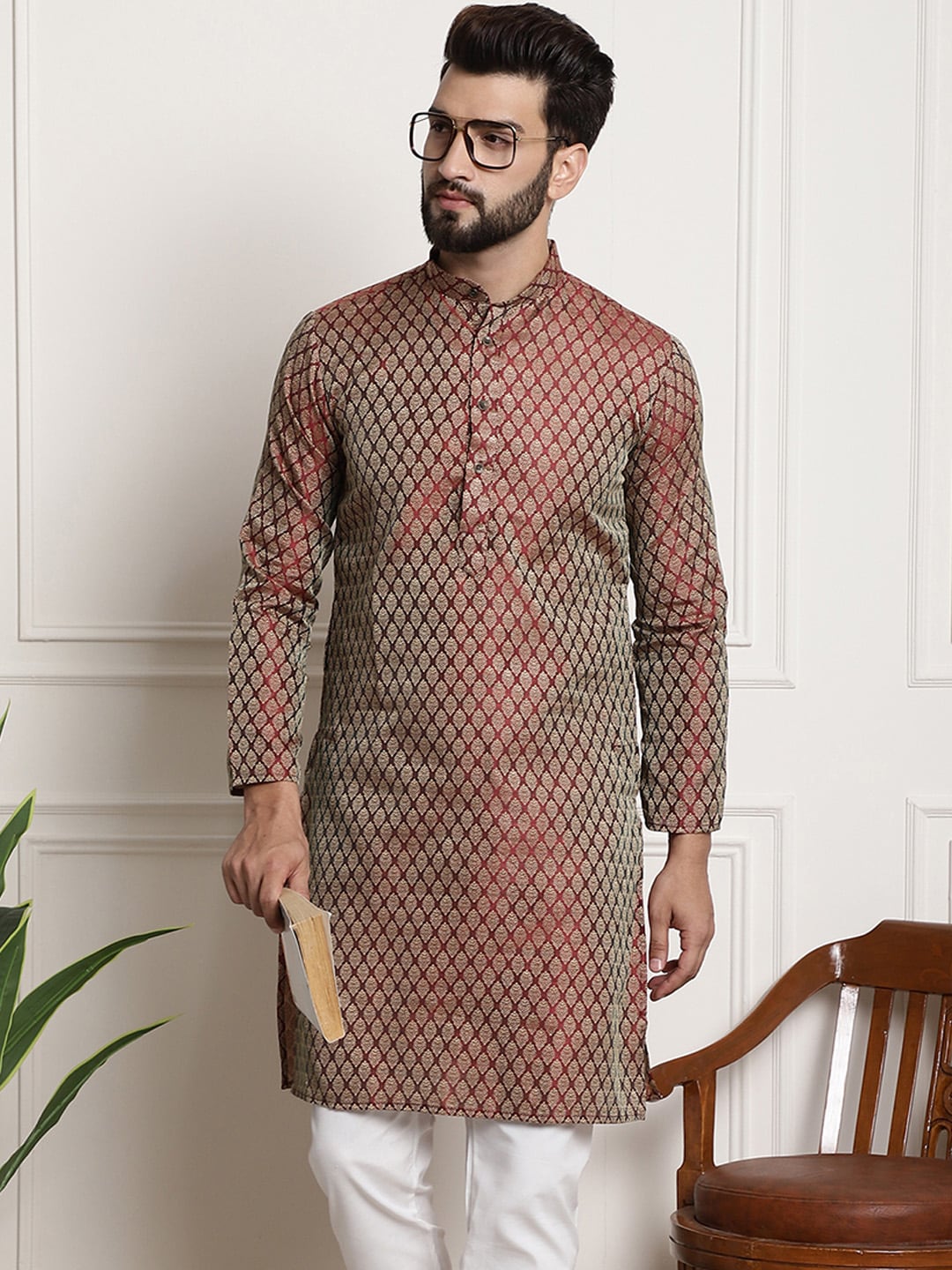 Sojanya Men Maroon & Golden Ethnic Motifs Jacquard Silk Kurta 
