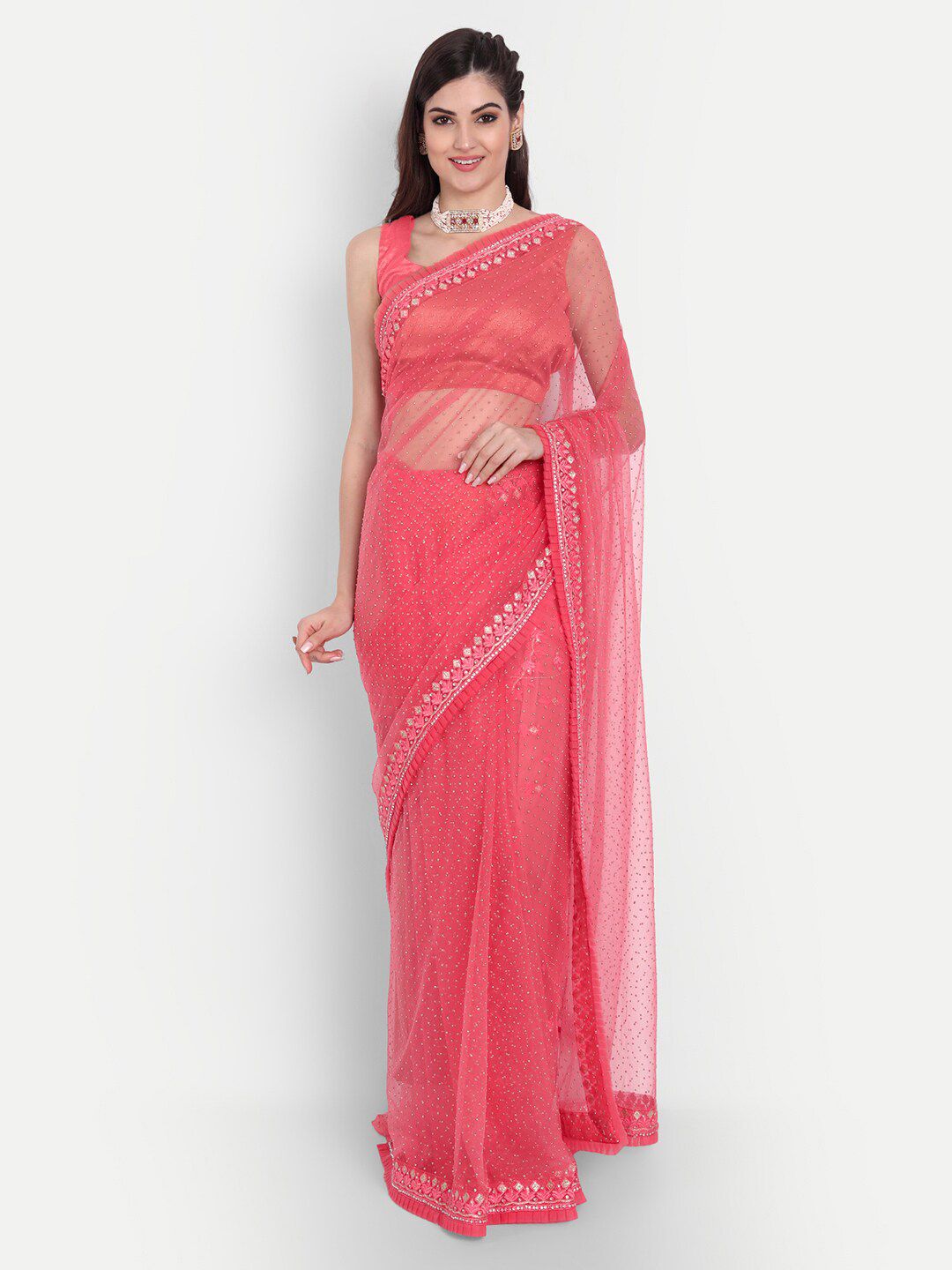 kasee Women Red Floral Embroidered Net Saree