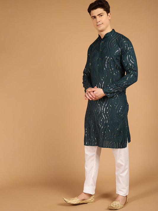 Sojanya Ethnic Motif Embroidered Band Collar Sequinned Pure Cotton Kurta 