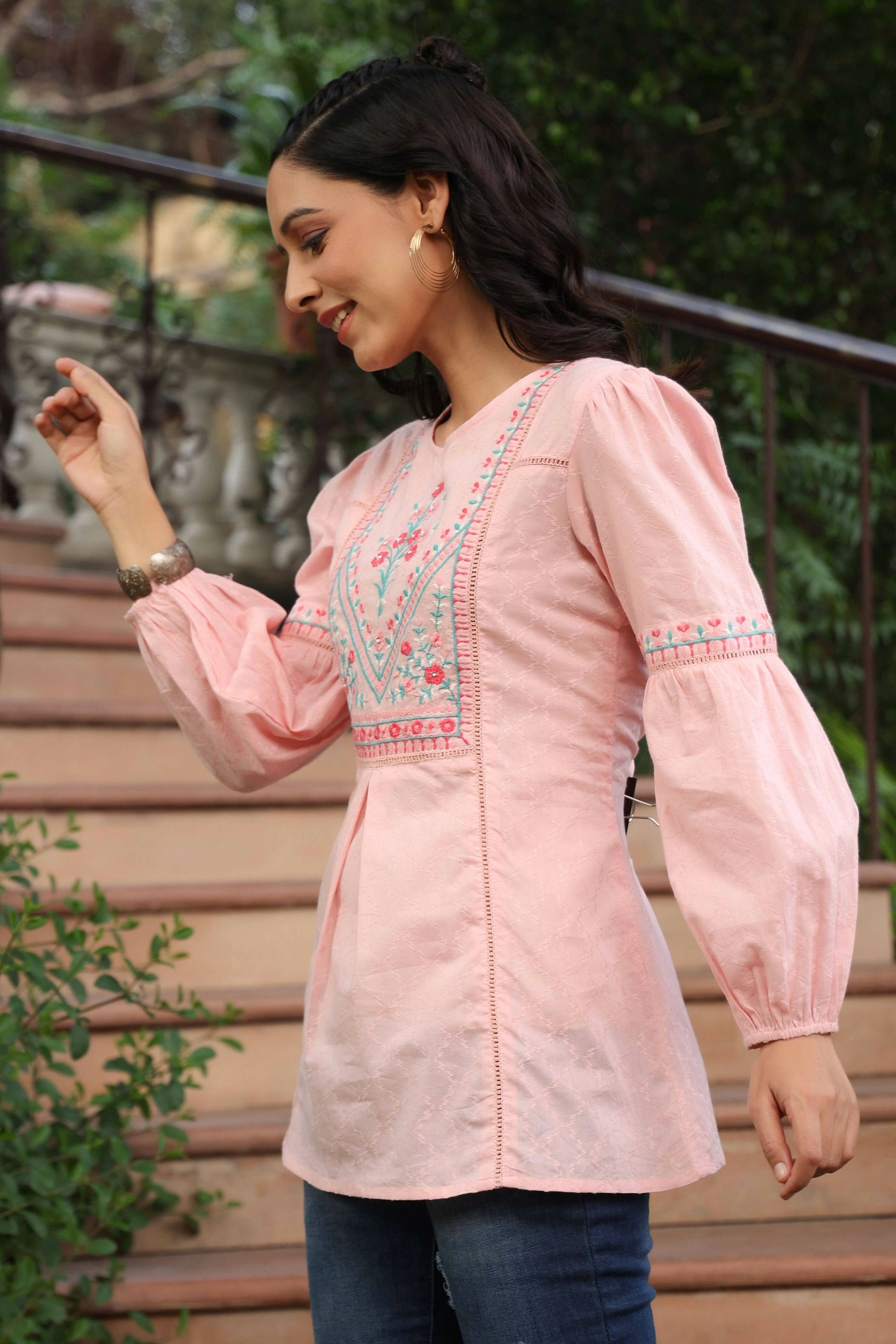 Juniper Women's Peach Cotton Dobby Solid Embroidered Straight Tunic