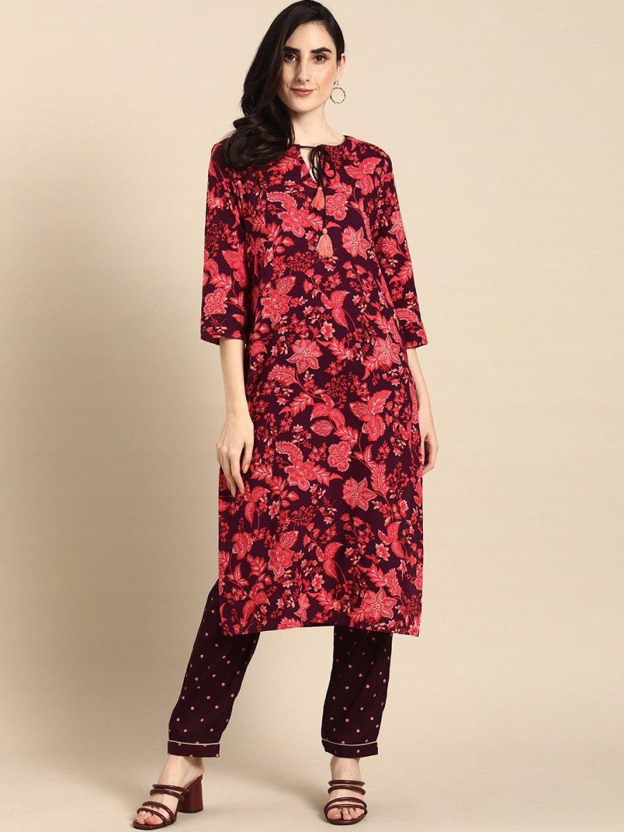 All About You Women Purple & Red Floral Printed Regular Kurta with Trousers