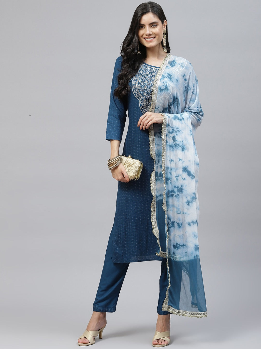 HERE&NOW Women Blue Embroidered Kurta with Trousers & Dupatta