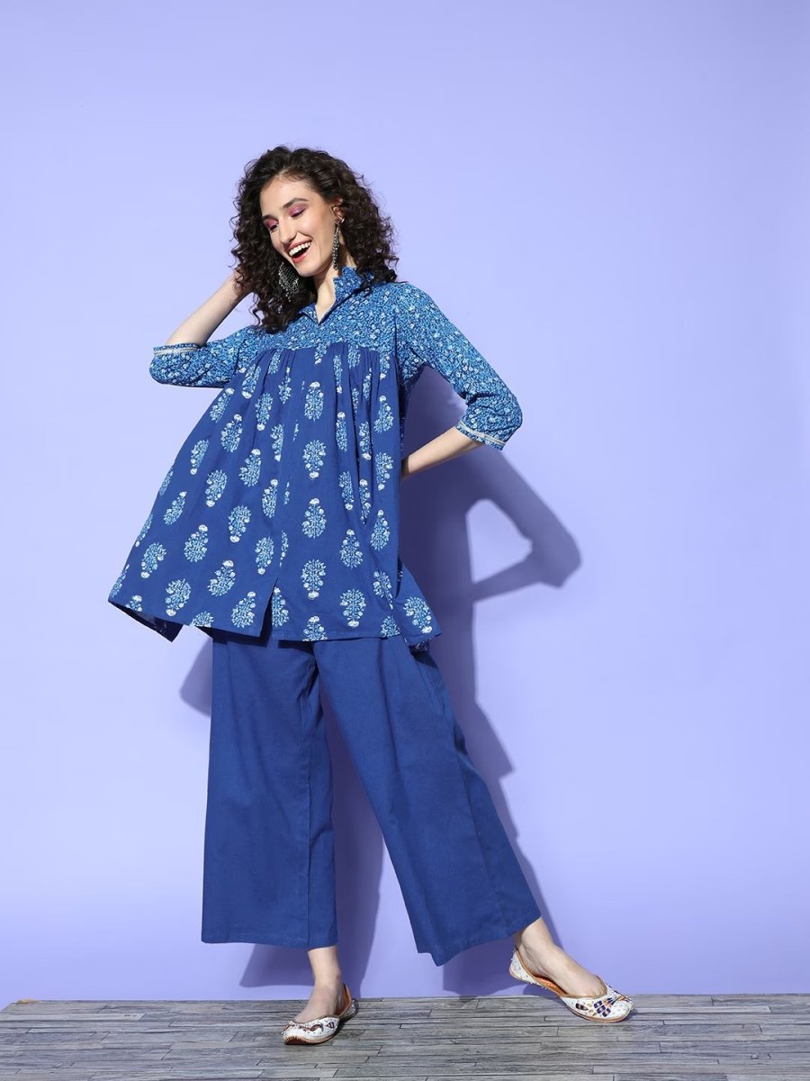 Ahalyaa Blue Pure Cotton Tunic & Palazzos Ethnic Co-Ords 