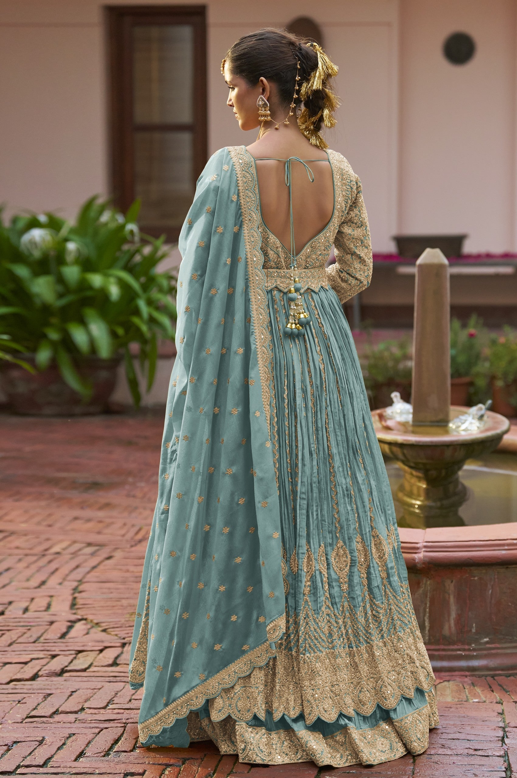 Anaita Blue Chinon Silk Stitched Anarkali Suit With Embroidered & Sequined Work