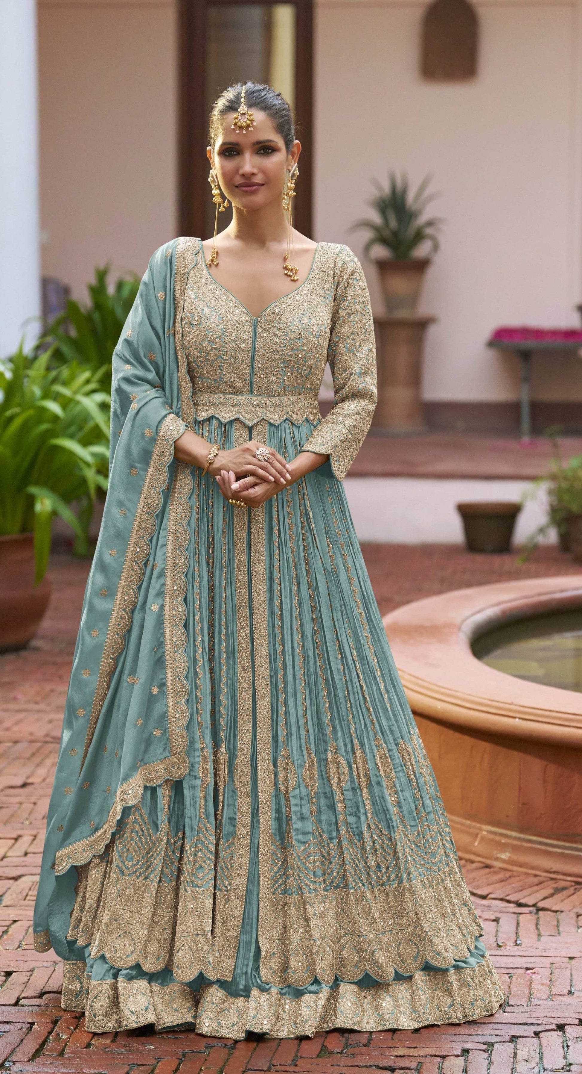 Anaita Blue Chinon Silk Stitched Anarkali Suit With Embroidered & Sequined Work