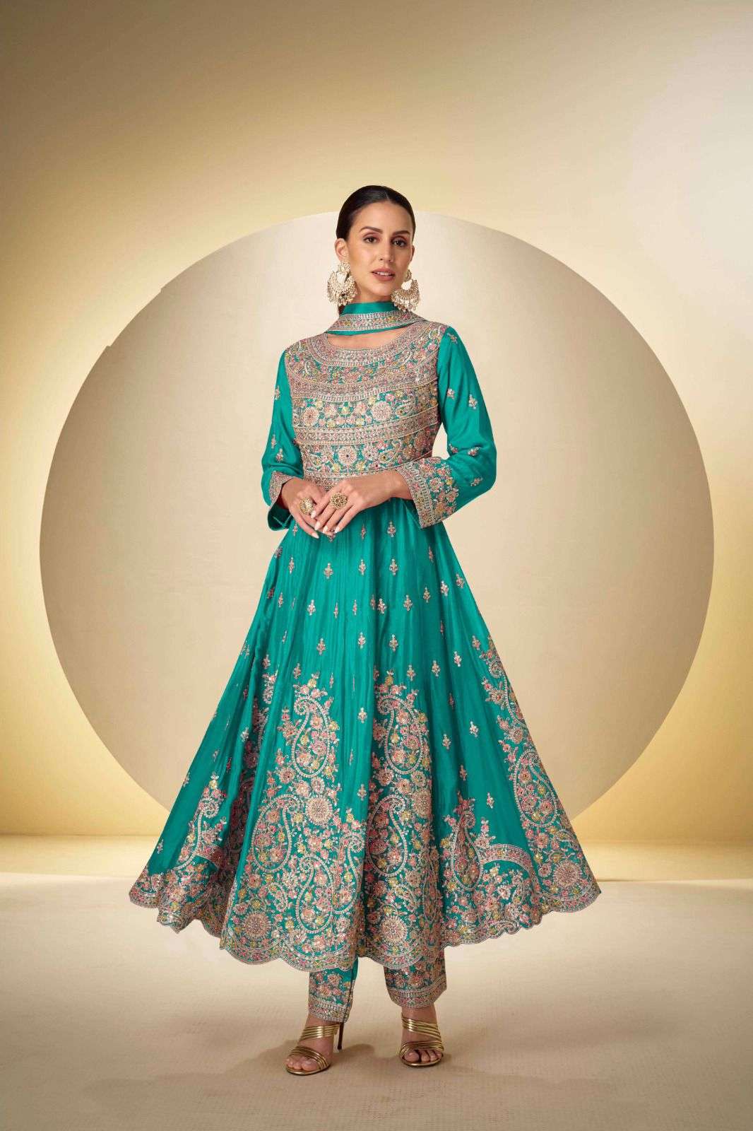 Anaita Turquoise Chinon Stitched Anarkali Suit With Codding Dori & Sequence Work