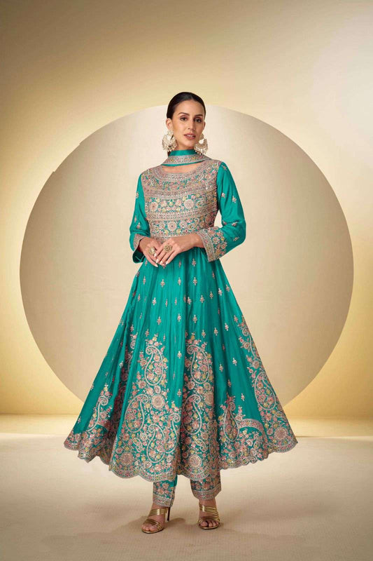 Anaita Turquoise Chinon Stitched Anarkali Suit With Codding Dori & Sequence Work