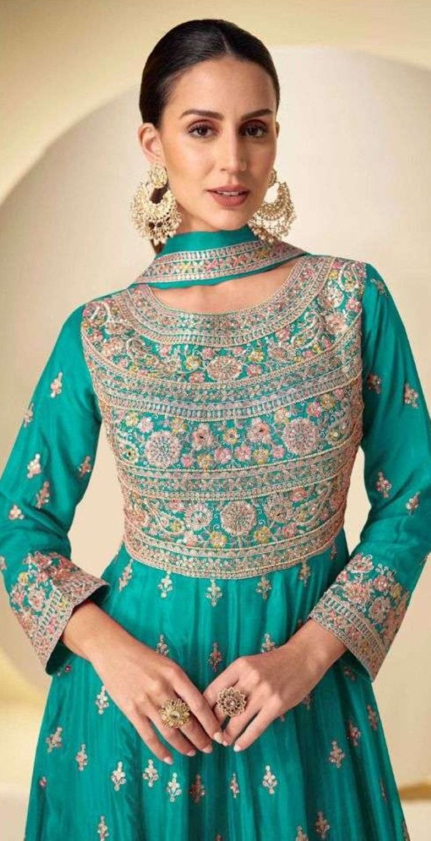 Anaita Turquoise Chinon Stitched Anarkali Suit With Codding Dori & Sequence Work