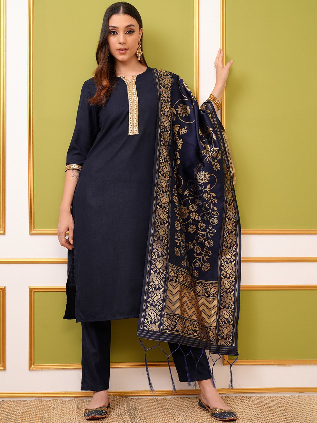 Vishudh Navy Blue & Gold Toned Round Neck Regular Kurta with Trousers & With Dupatta | Grab2Buy