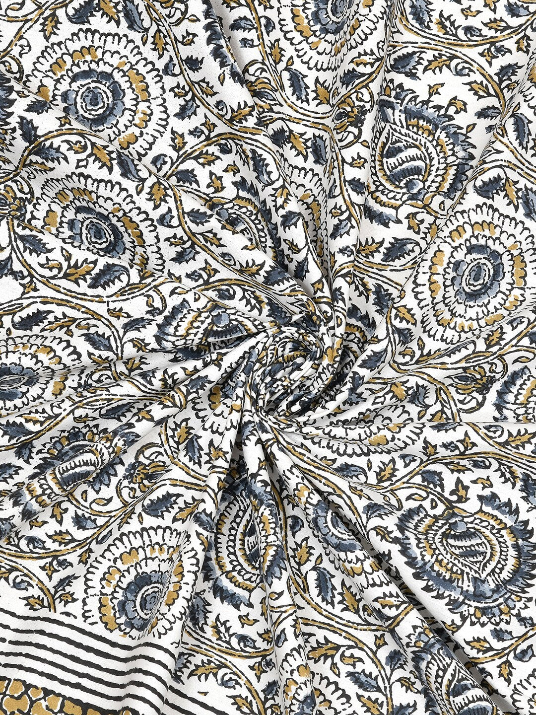 BELLA CASA Ethic White & Blue Printed Cotton 180 TC King Bedsheet with 2 Pillow Covers 