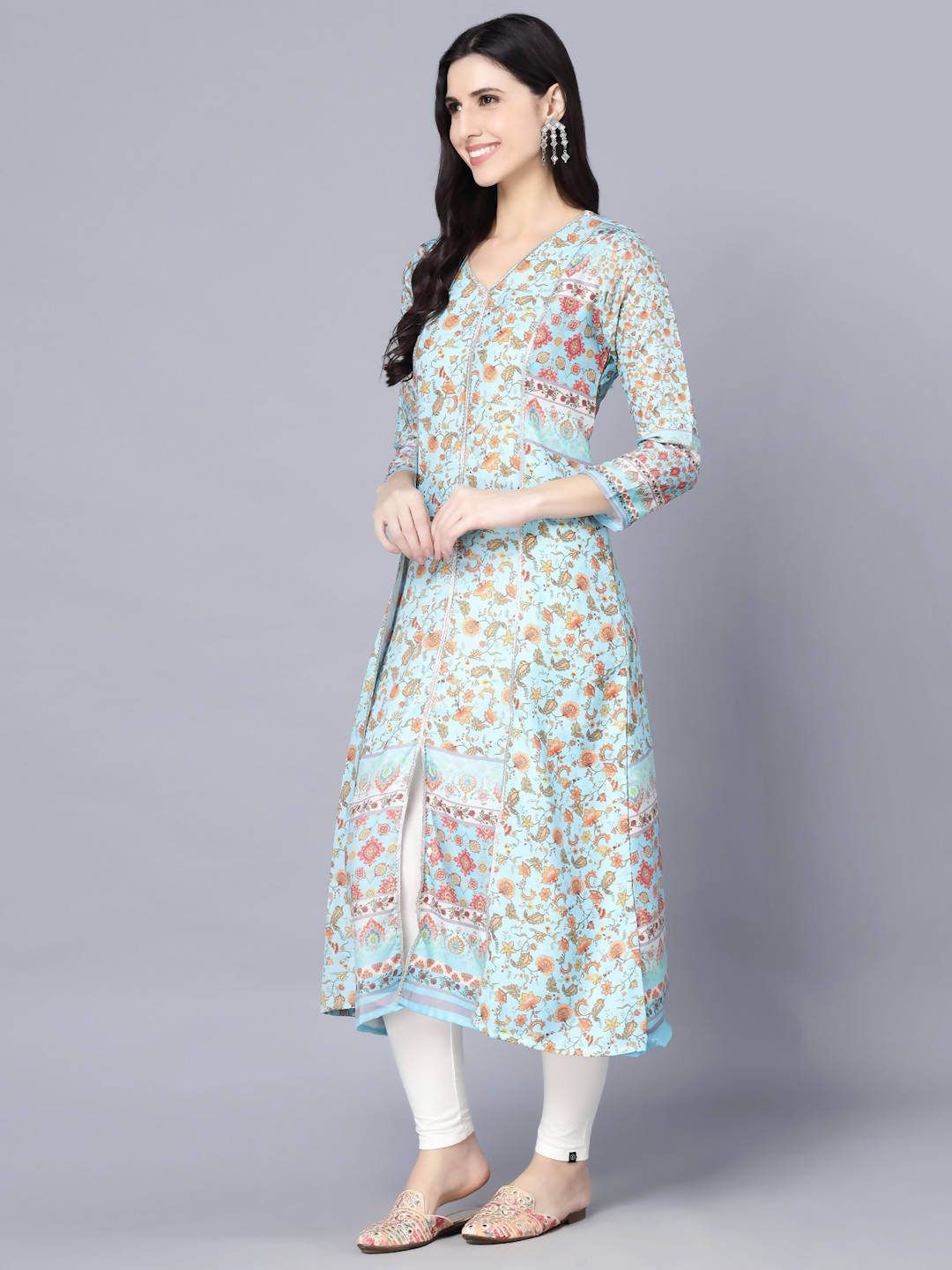 Myshka Women Blue Floral Printed Thread Work Anarkali Kurta