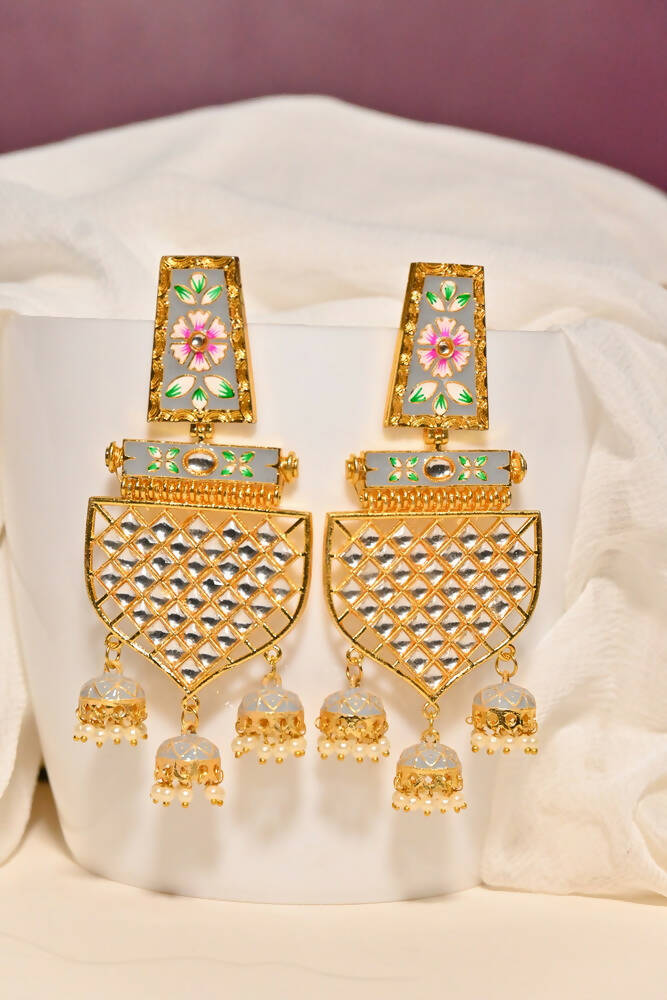 Traditional Gold-Plated Meenakari Grey Jhumka Jhumki Earrings By House of Ree - Grab2buy