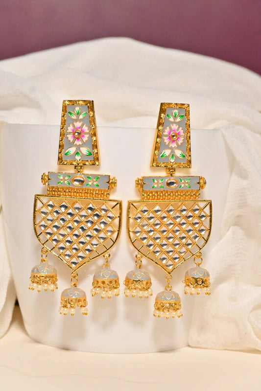 Traditional Gold-Plated Meenakari Grey Jhumka Jhumki Earrings By House of Ree - Grab2buy