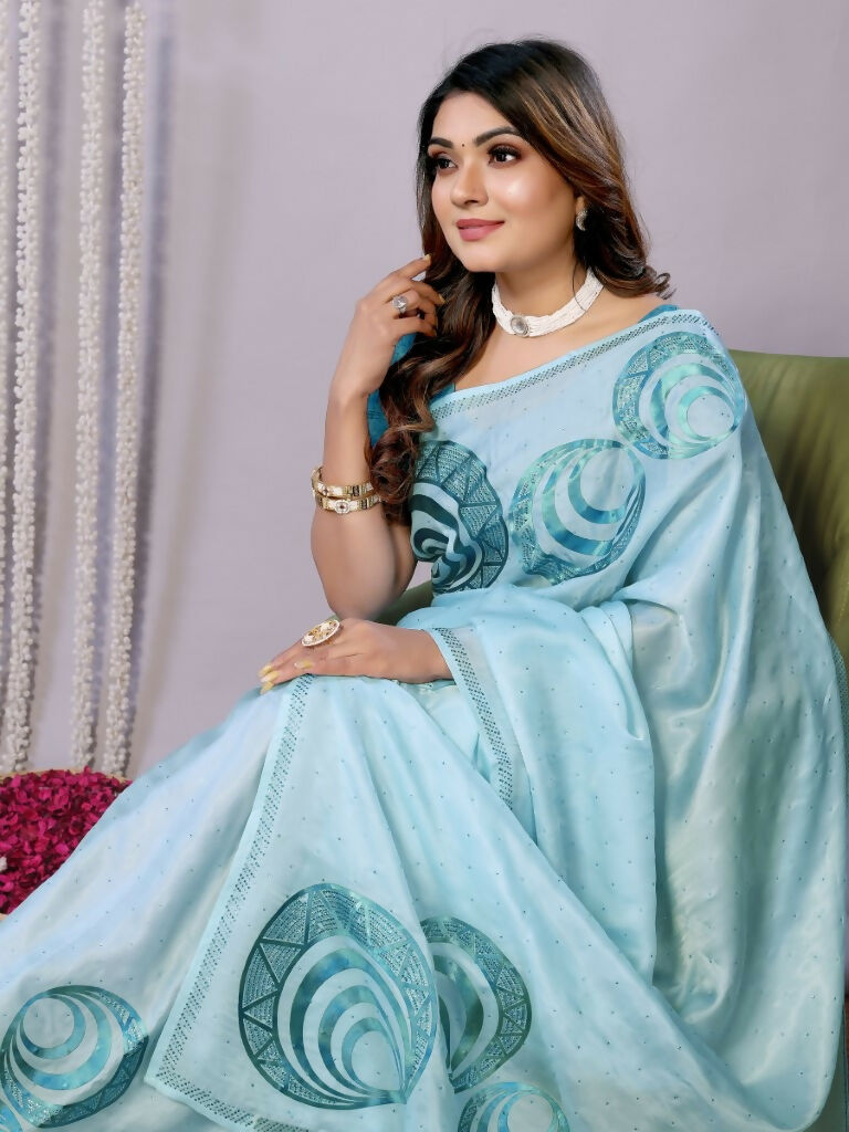 Sky Blue Organza Crepe Printed Stone Work Saree - Norita Saumya