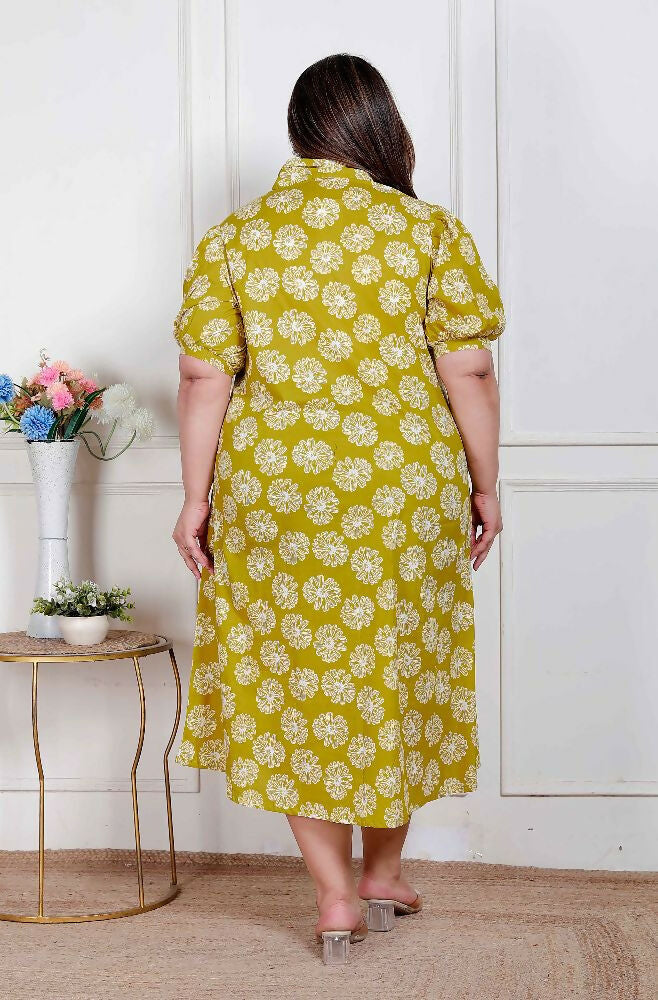Miravan Plus Size Women'S Yellow Printed Puff Sleeve Floral Maxi Party Dress