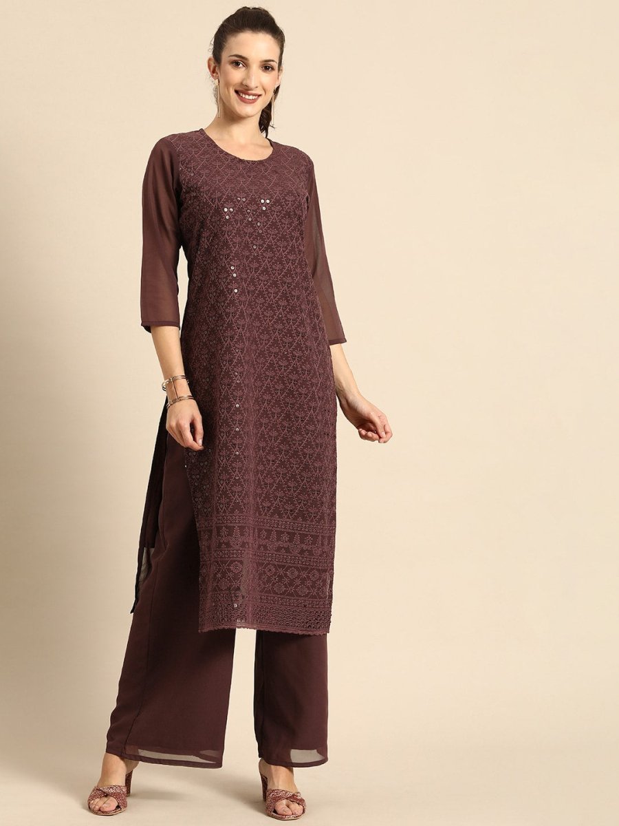 All About You Women Brown Ethnic Motifs Embroidered Regular Chikankari Kurta with Palazzos 