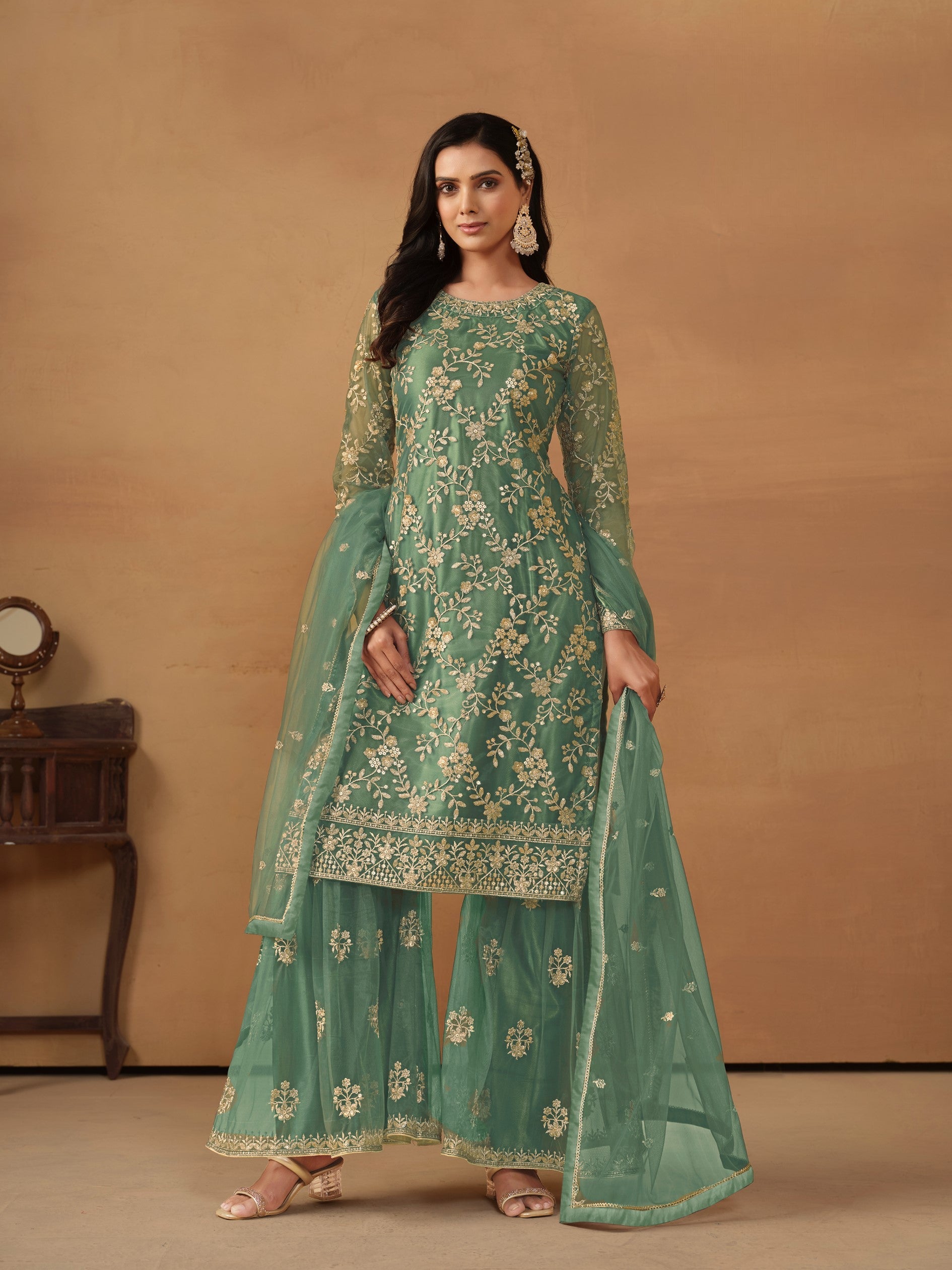Anaita Green Embroidered Net Salwar Suit