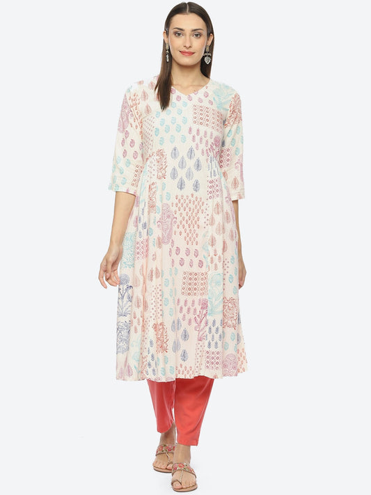Biba Ethnic Motifs Printed V-Neck A-Line Kurta - Grab2buy