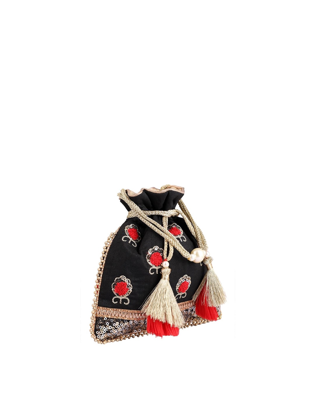 Masq Black & Red Embellished Embroidered Potli Clutch 