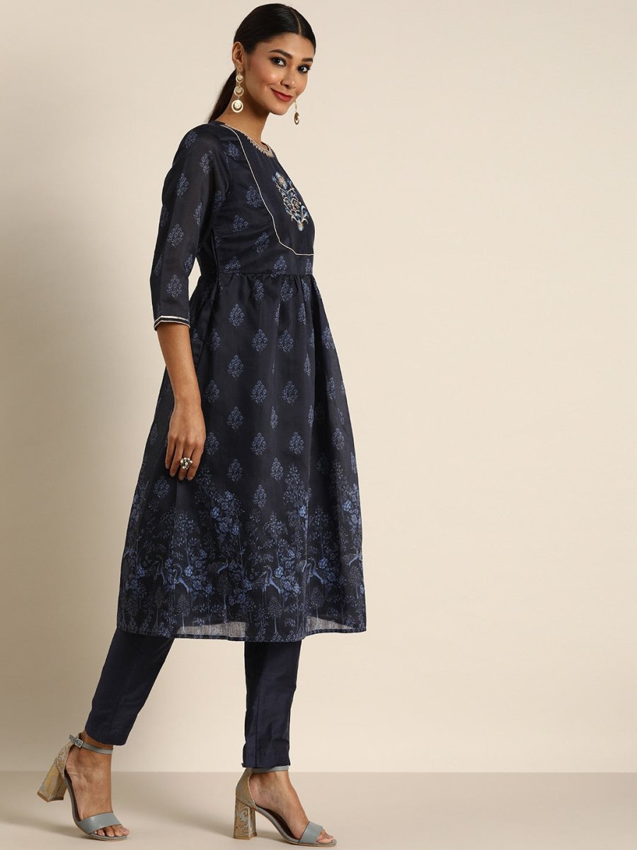 All About You Women Navy Blue Floral Printed Empire Kurta with Trousers