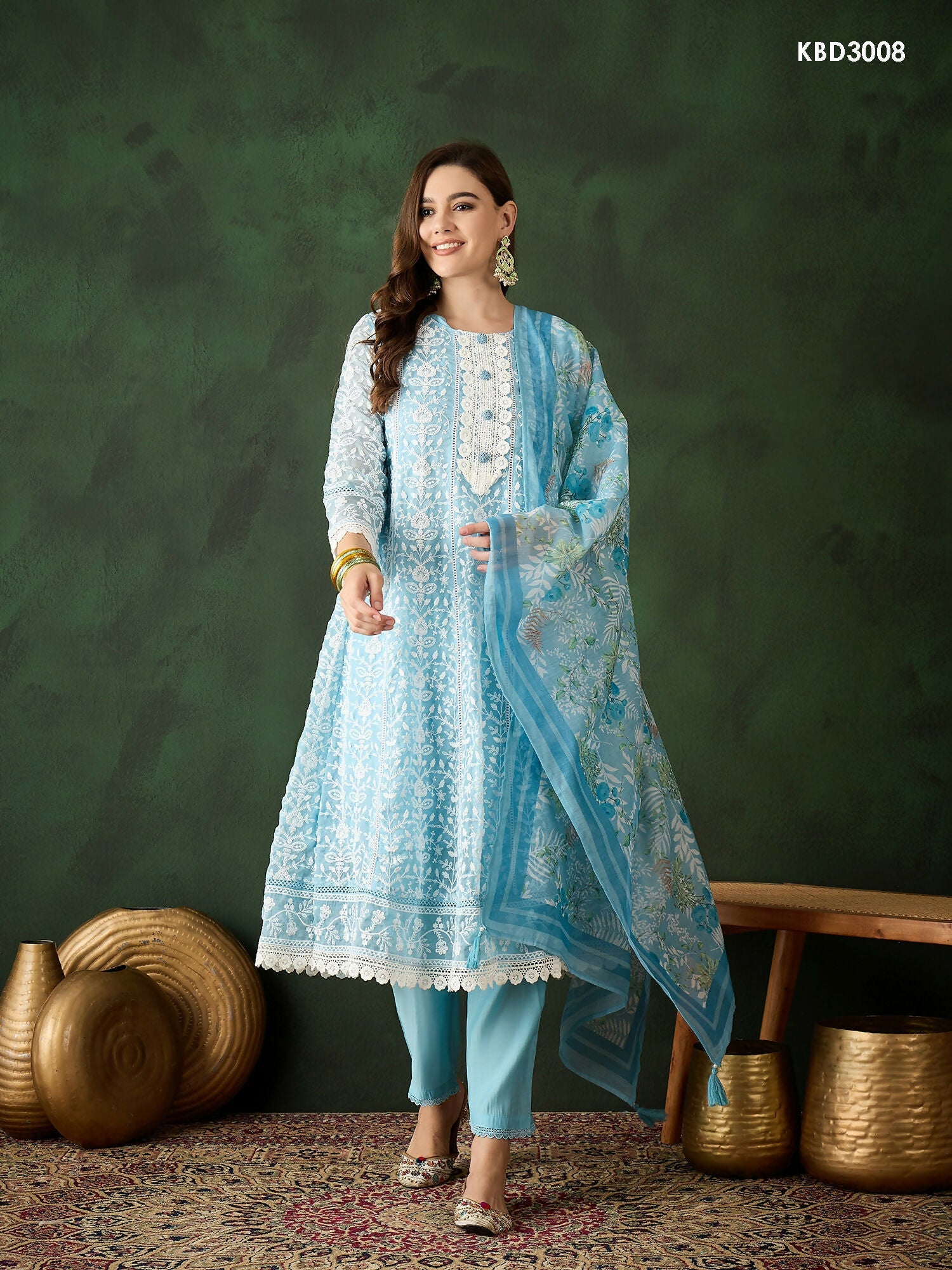 Blue Crystal Organza schiffli embroidery Kurta With Trouser & Dupatta - Bhumi