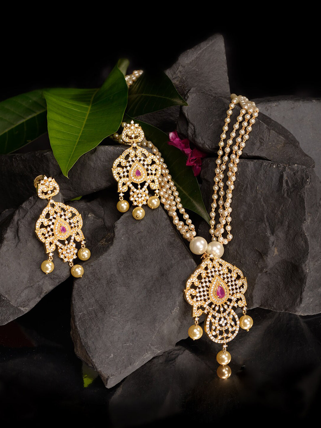 Saraf RS Jewellery Gold-Plated White & Magenta American Diamond Studded Jewellery Set - Grab2buy