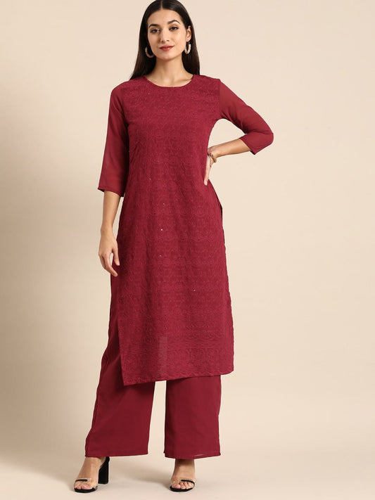 All About You Women Maroon Ethnic Motifs Embroidered Chikankari Kurta with Palazzos