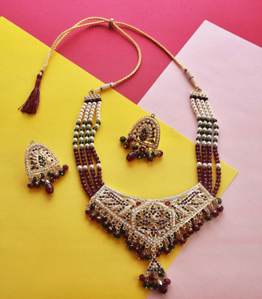 Gold-Plated Alloy Traditional Ethnic Beaded Jadau Necklace Set - The Pari - Grab2buy