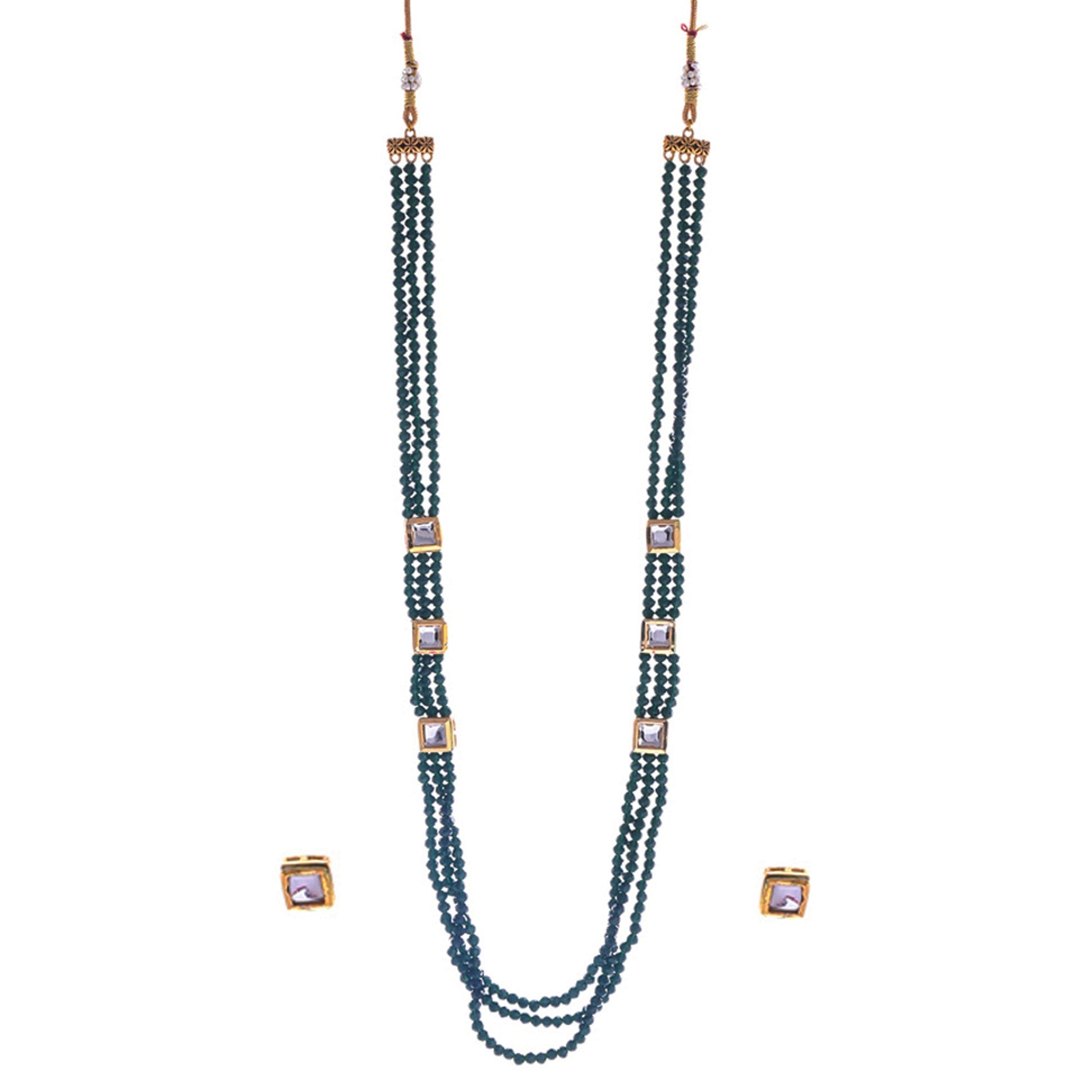 Gold-Plated Alloy Long Green Beaded Kundan Studded Classy Necklace Set - The Pari - Grab2buy