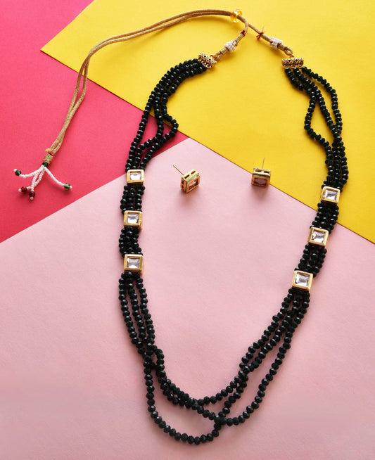 Gold-Plated Alloy Long Green Beaded Kundan Studded Classy Necklace Set - The Pari - Grab2buy