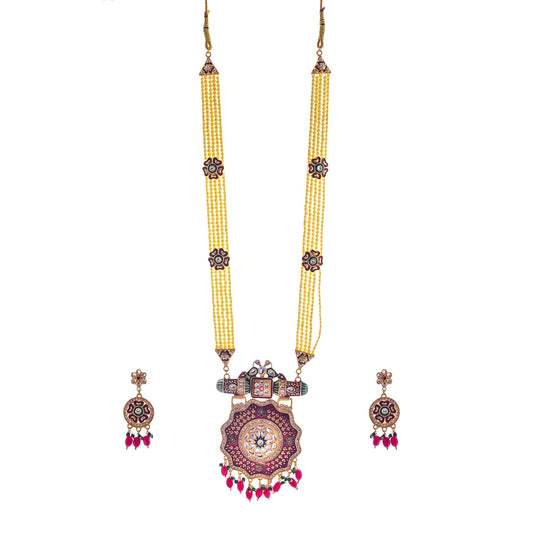 Gold-Plated Alloy Jadau Work Traditional Ethnic Beaded Necklace Set - The Pari - Grab2buy