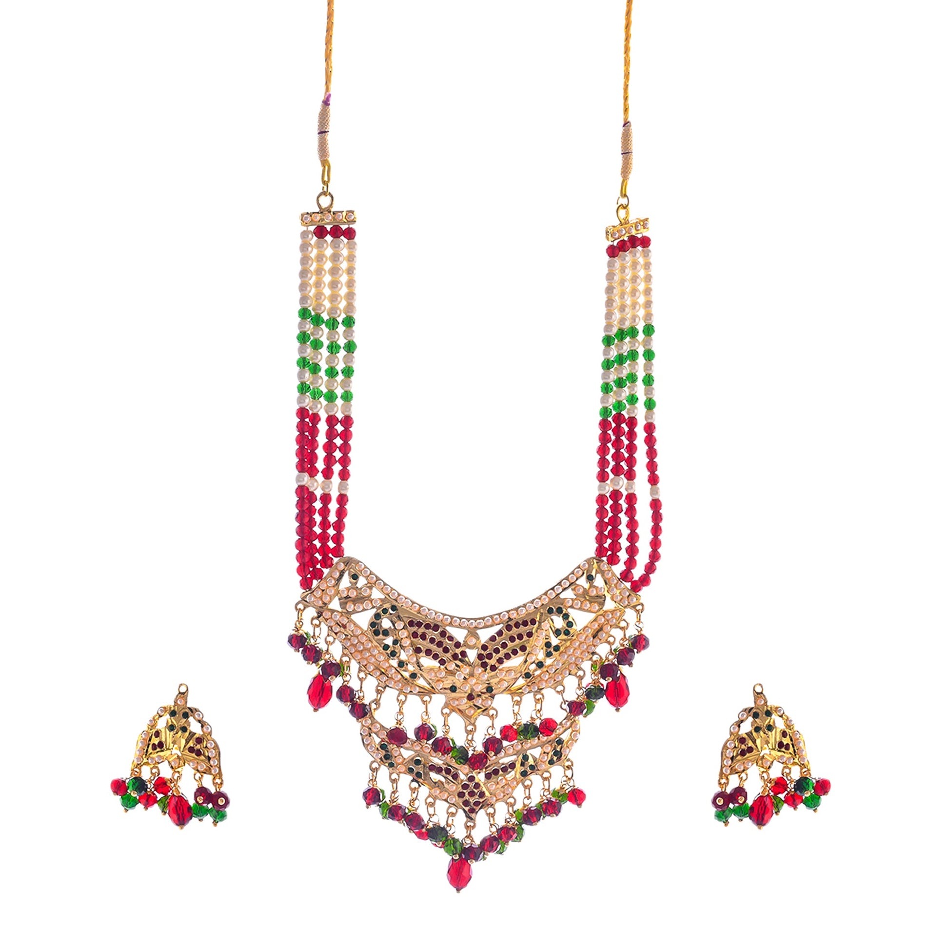 Gold-Plated Alloy Jadau Worktraditional Ethnic Beaded Necklace Set - The Pari - Grab2buy