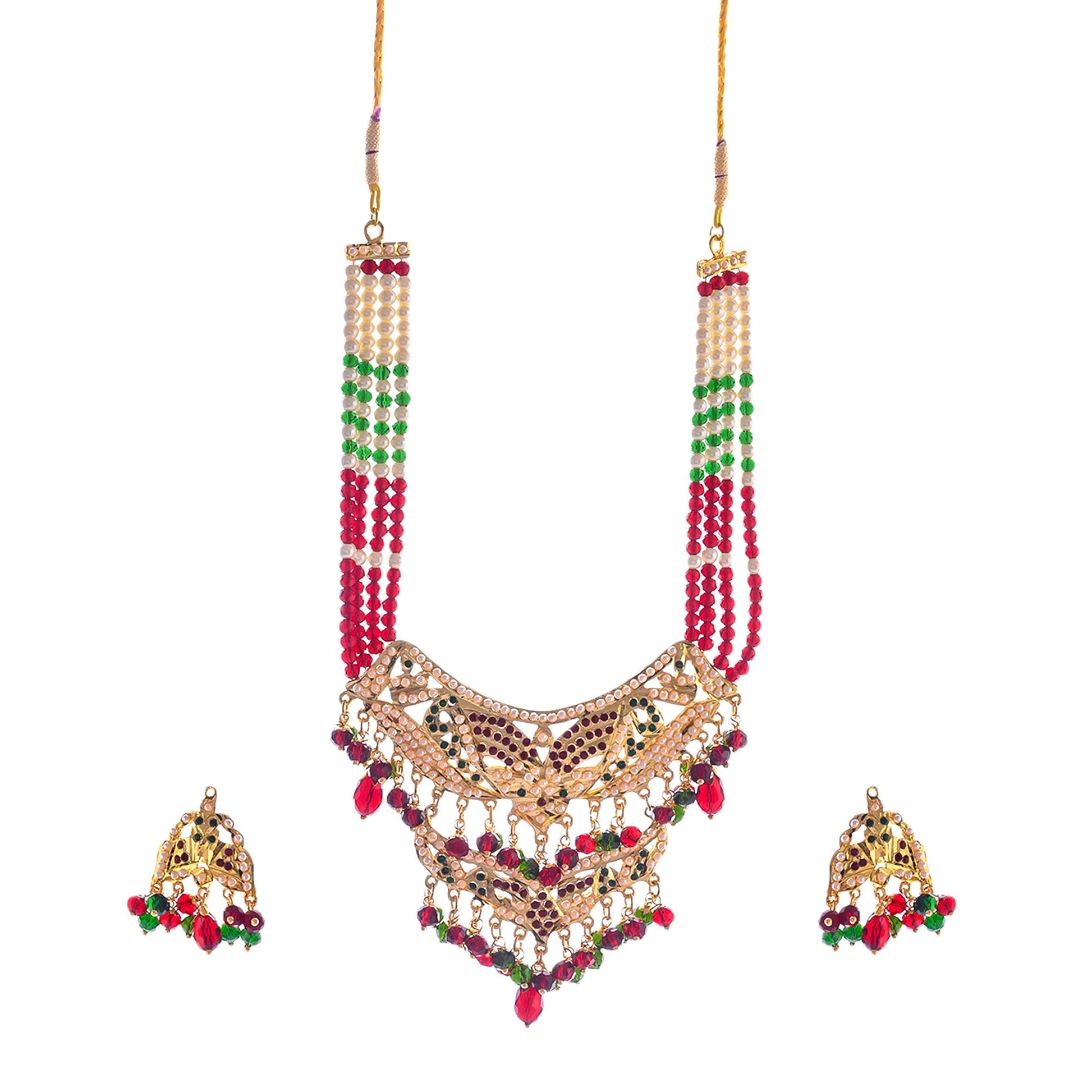 Gold-Polished Alloy Jadau Worktraditional Ethnic Beaded Necklace Set - The Pari - Swadesiicart