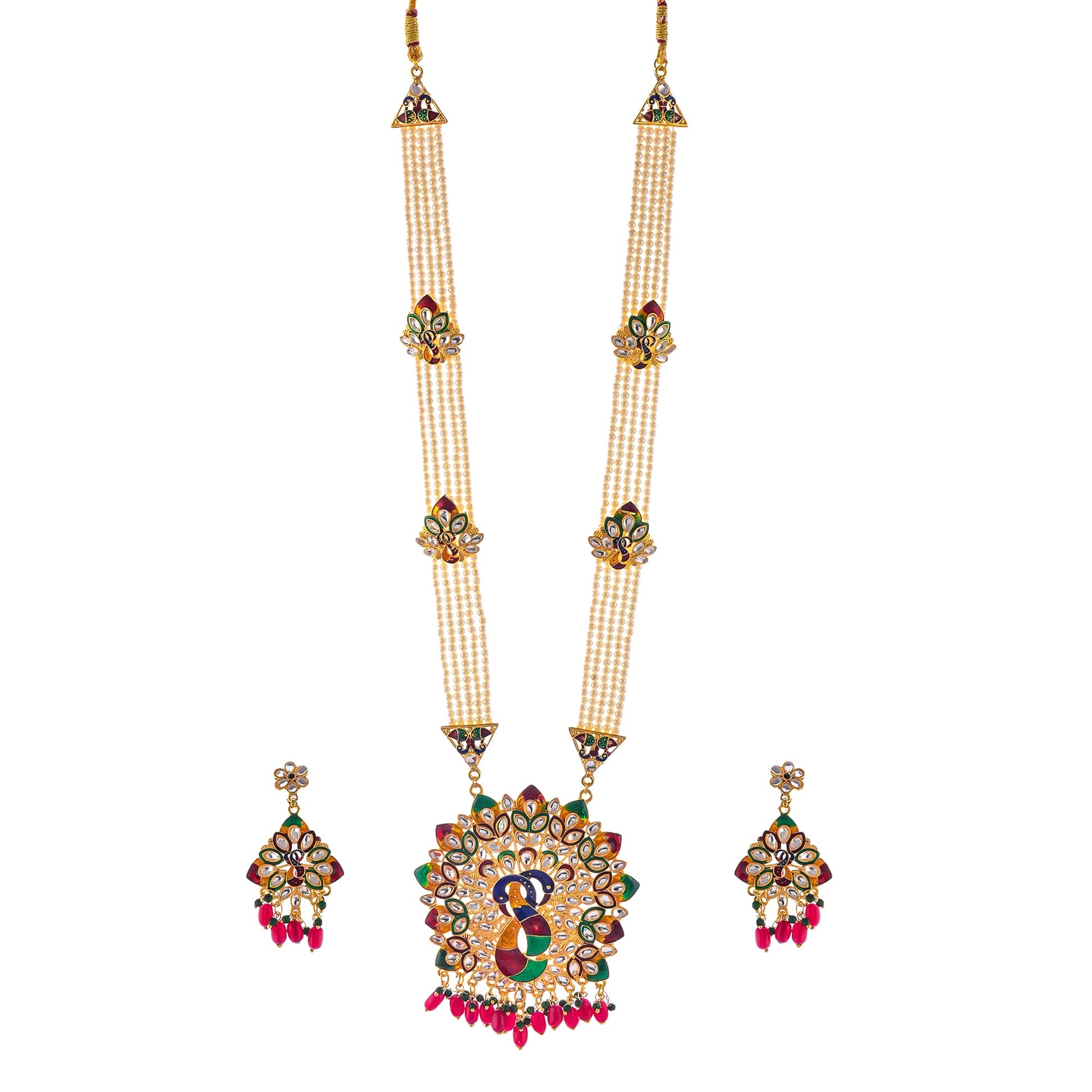 Gold-Plated Alloy Peacock Inspired Long Pearl Rani Haar Necklace With Kundan Earrings - The Pari - Grab2buy