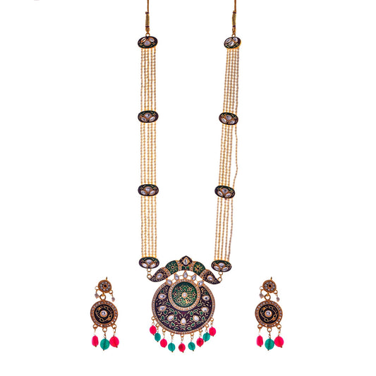 Gold-Polished Alloy Long Pearl Rani Haar Necklace With Designer Thewa Pendant Set - The Pari | Swadesiicart