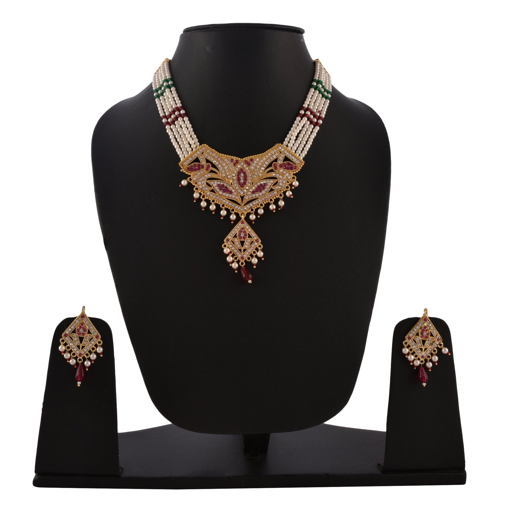 Gold-Plated Alloy Jadau Polki Studded Pearl Mala Necklace Set - The Pari - Grab2buy