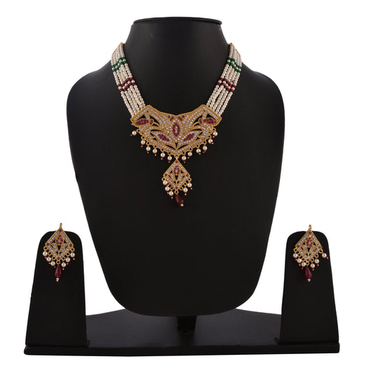 Gold-Plated Alloy Jadau Polki Studded Pearl Mala Necklace Set - The Pari - Grab2buy