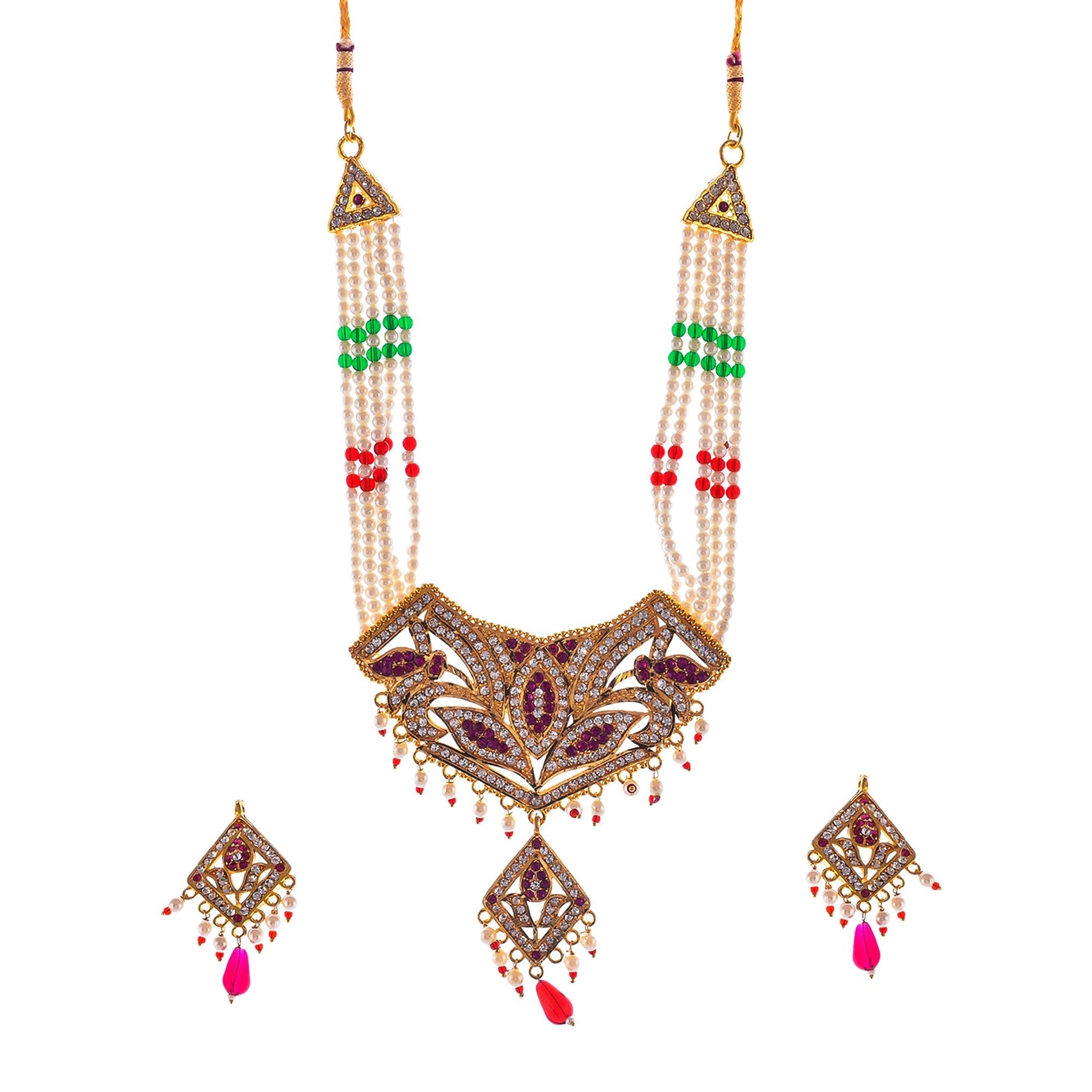 Gold-Polished Alloy Jadau Polki Studded Pearl Mala Necklace Set - The Pari - The Pari - Dinesh Associates