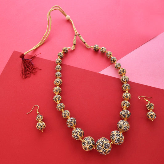Gold-Plated Alloy Victorian Look Classy Mala Necklace With Earrings - The Pari - Grab2buy
