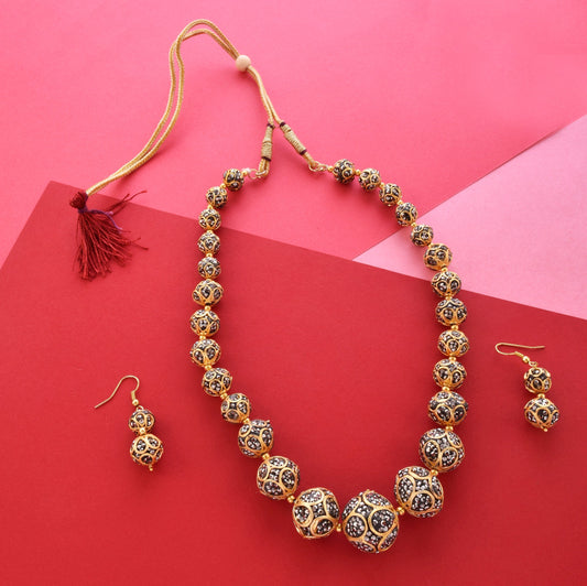Gold-Polished Alloy Victorian Look Classy Mala Necklace With Earrings - The Pari - The Pari - Dinesh Associates