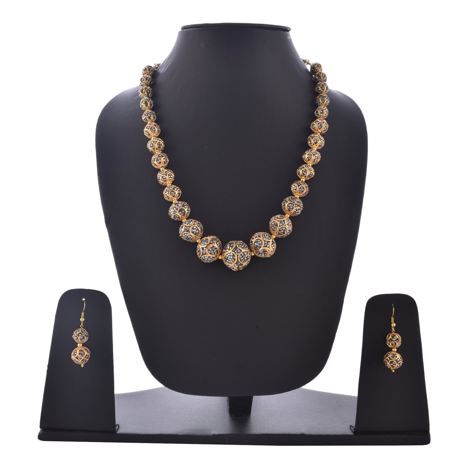 Gold-Polished Alloy Victorian Look Classy Mala Necklace With Earrings - The Pari - Swadesiicart