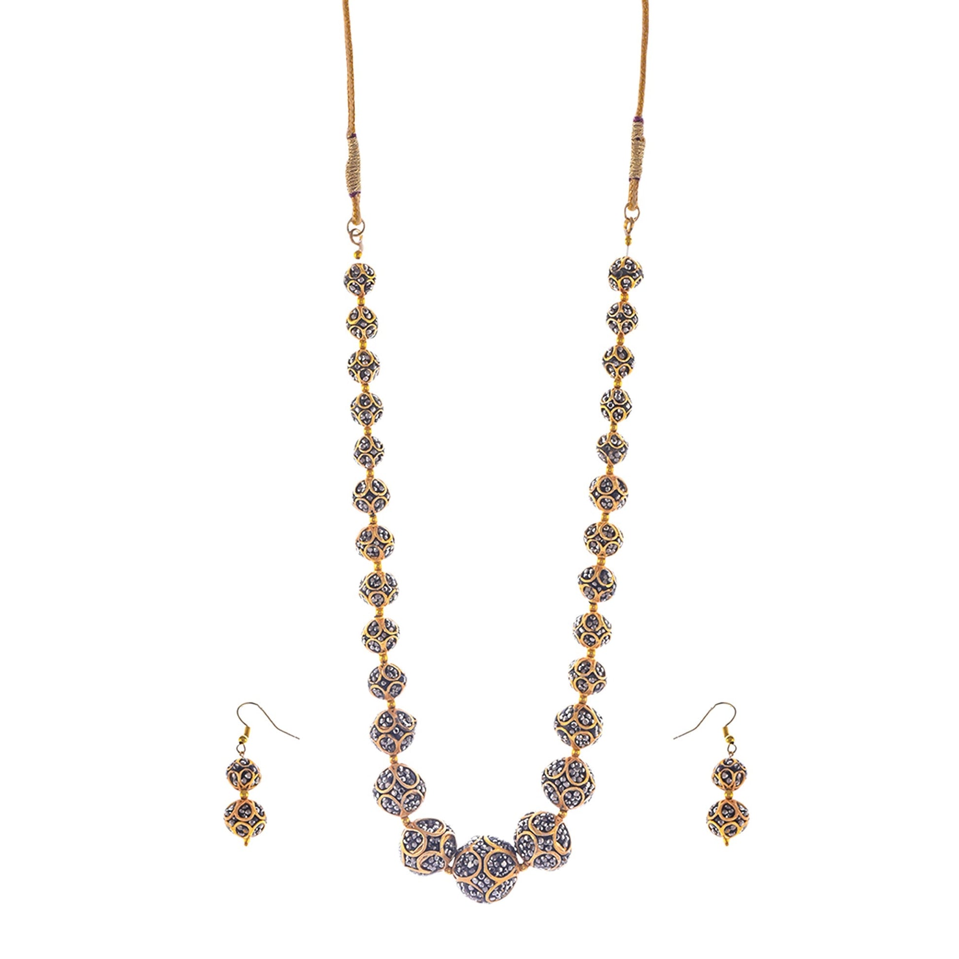 Gold-Polished Alloy Victorian Look Classy Mala Necklace With Earrings - The Pari - Swadesiicart