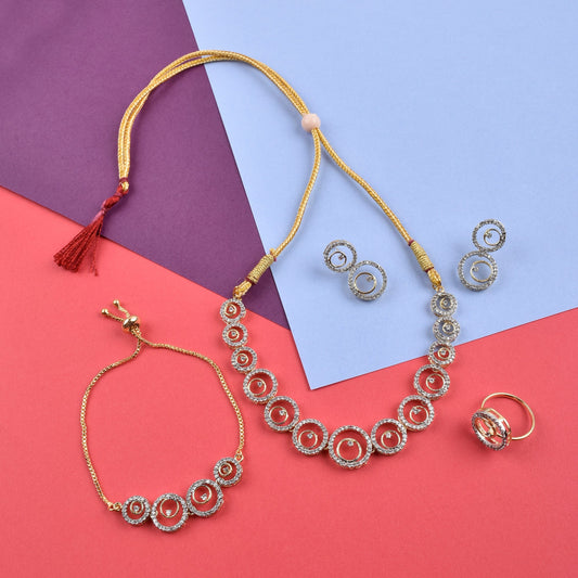 Rhodium-Plated Alloy American Diamond Circle Style Necklace With Earring Ring And Bracelet Set - The Pari - The Pari - Dinesh Associates