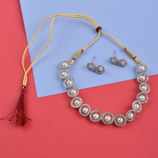 Rhodium-Plated Alloy Silver Ad Necklace With Pearls - The Pari | Swadesiicart