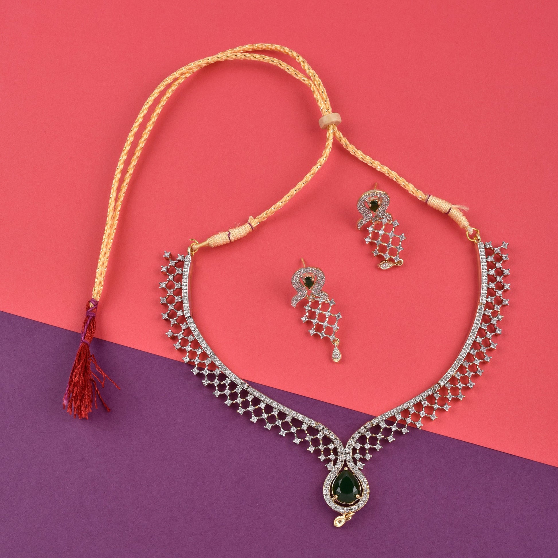 Rhodium-Plated Alloy Green Classy Ad Necklace Set - The Pari - Grab2buy