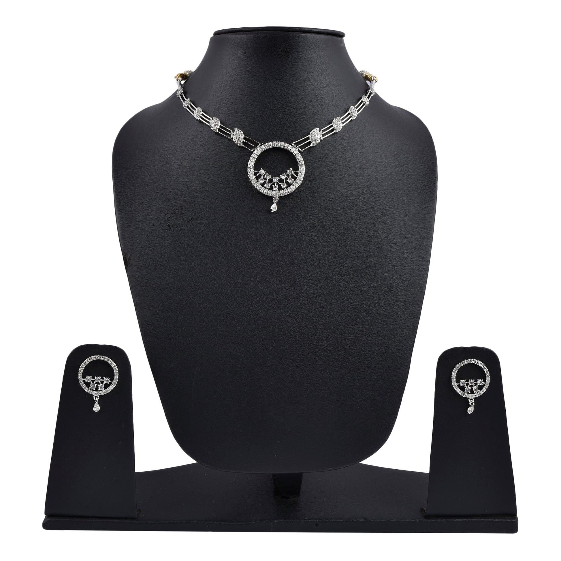 Rhodium-Plated Alloy Round Motif Ad Necklace Set - The Pari - Swadesiicart