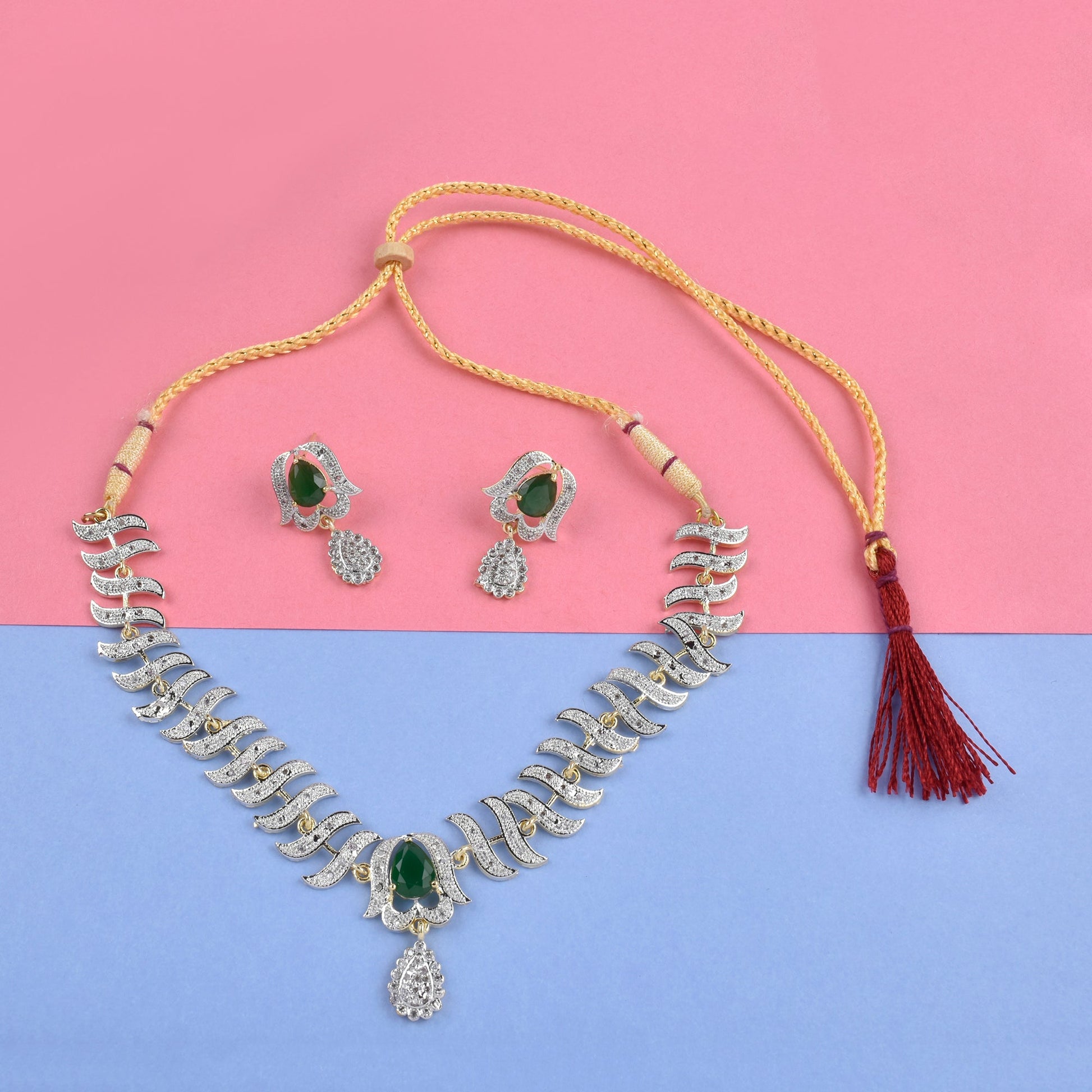 Rhodium-Plated Alloy Nagin Inspired Green Stone Ad Necklace Set - The Pari | Grab2Buy