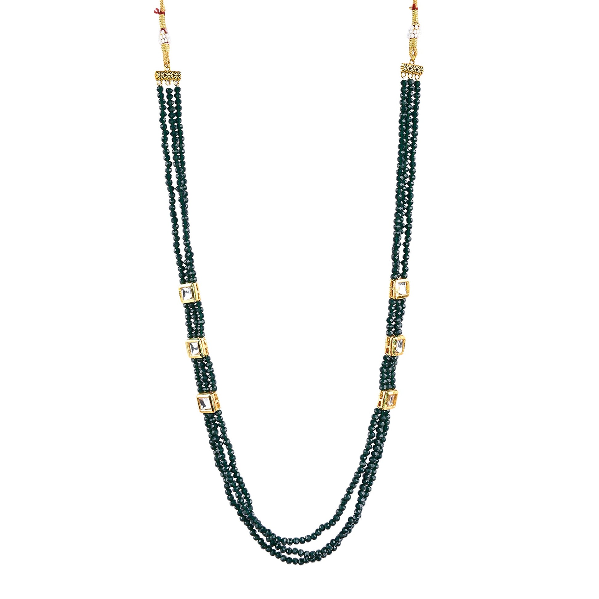 Gold-Plated Alloy Long Green Beaded Kundan Studded Classy Necklace Set - The Pari - Grab2buy