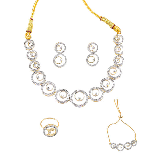 Rhodium-Plated Alloy American Diamond Circle Style Necklace With Earring Ring And Bracelet Set - The Pari - Grab2buy